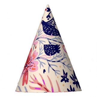 Blüten, Vögel, Vintage nahtlose Muster. Partyhütchen