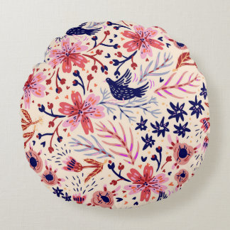 Blüten, Vögel, Vintage nahtlose Muster. Rundes Kissen