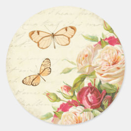 Blütenaufkleber der Vintagen Rose mit Schmetterlin Runder Aufkleber