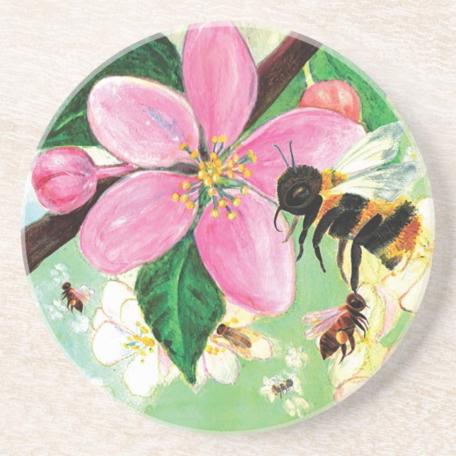 Blütenbaum mit Bienenillustration Getränkeuntersetzer (Vorne)