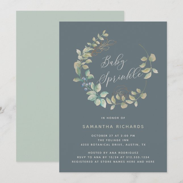 Blütenblätter Gold Botanische Babysprinke| Tonschi Einladung (Vorne/Hinten)