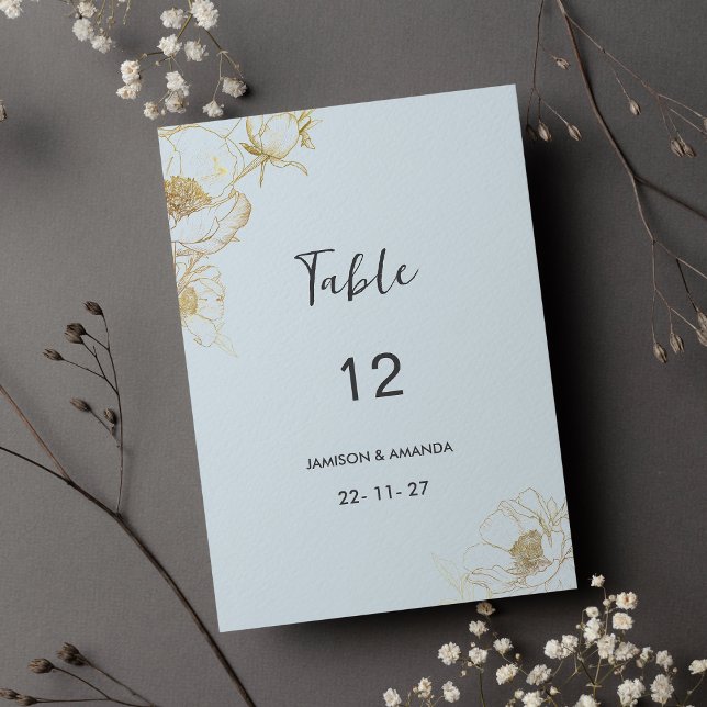 Blütenblättrige Tischnummern aus Glitzer (Baby blue gold glitter peony floral Table Numbers)