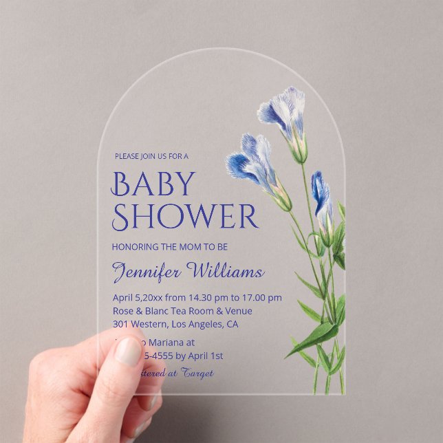 Blütenblau-Aquarell-Babydusche Acryleinladungen (Insitu (Handheld))