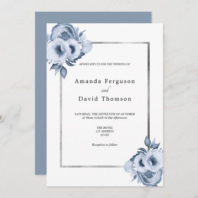 Blütenblau, Aquarellblumen Hochzeit Einladung (Vorne/Hinten)