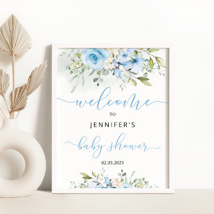 Blütenblau Blumen Babydusche Begrüßungszeichen Poster
