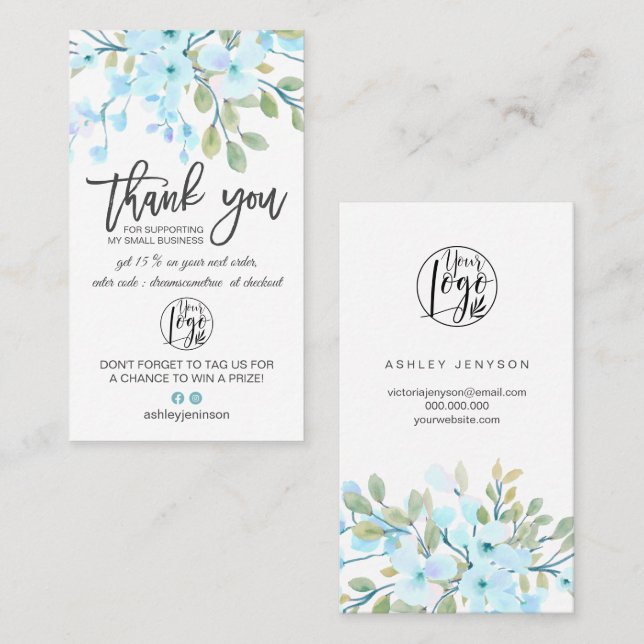 Blütenblau florales Logo Ordnung danke Visitenkarte (Vorne/Hinten)
