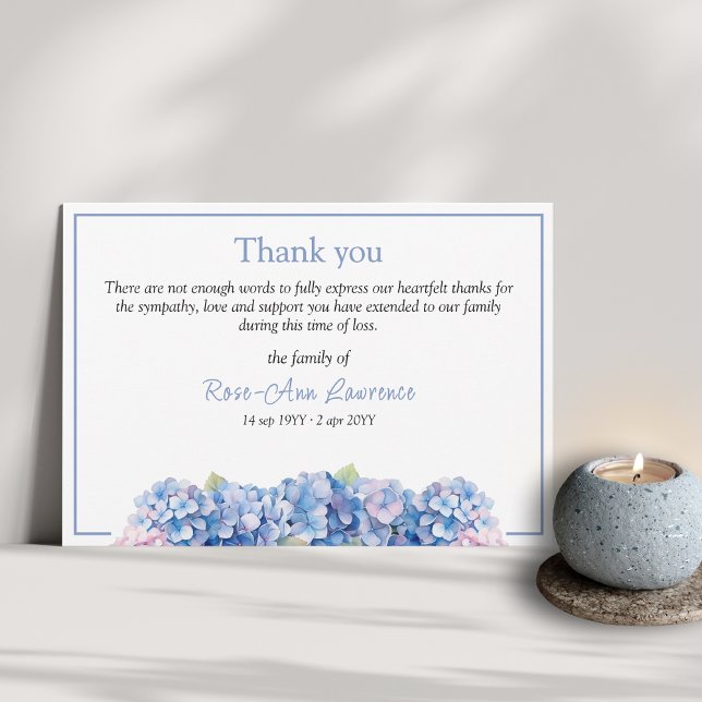 Blütenblau-Hydrangea-Beerdigung Dankeskarte (Funeral thank you card from family with floral botanical details and color frame, blue hortensia)