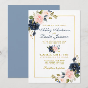 Blütenblau Rosa Blütenblüte Hochzeitsgoldrahmen Einladung