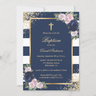 Blütenblau Rosa Gold Cross Elegante Taufe Einladung