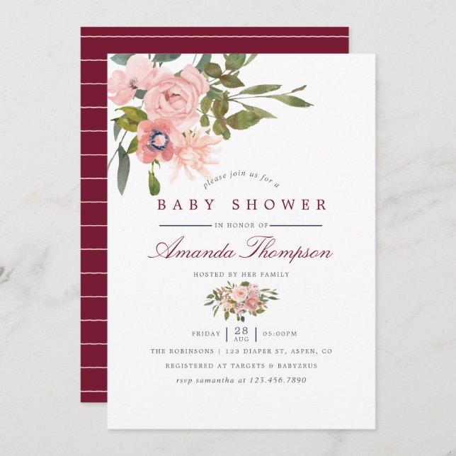Blütenblau und Burgundy Babydusche Einladung (Vorne/Hinten)