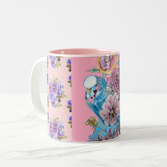 Blütenblauer Budgie Tasse mit Handgemälden (Vorderseite Links)