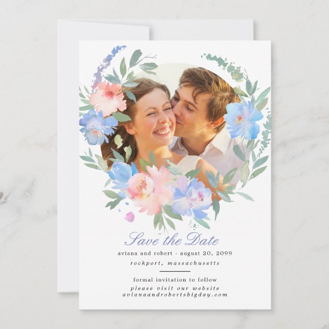 Blütenblauer Rosa Blumenkraut Hochzeit Save The Date (Vorderseite)