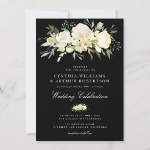 Blütenblühende Hochzeit in Schwarz Einladung