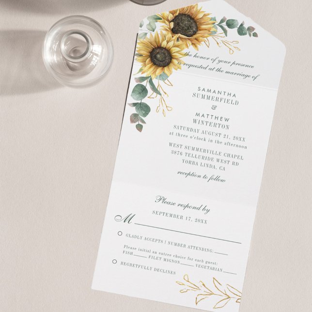 Blütenblume Eukalyptus Elegante Hochzeit All In One Einladung (Sunflower Floral Eucalyptus Greenery Wedding All-in-One Invitation)