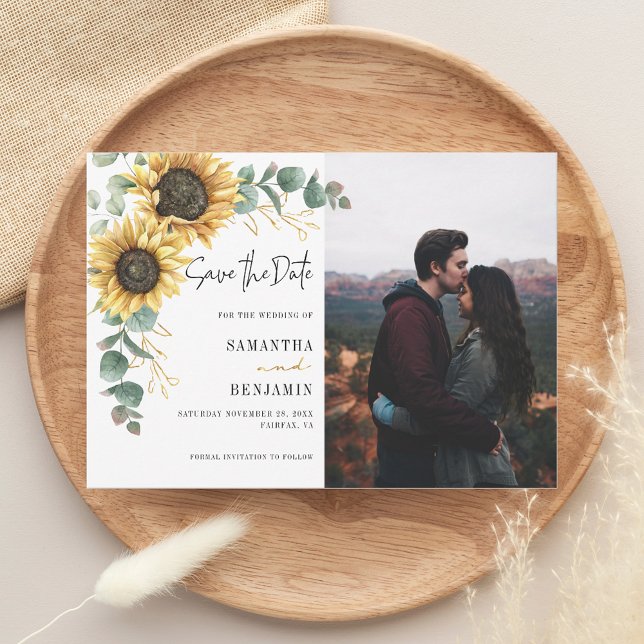 Blütenblume Eukalyptus-Foto Hochzeit Save The Date (Sunflower Floral Eucalyptus Wedding Save the Date Announcement)