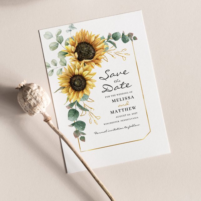 Blütenblume Eukalyptus Grüne Save the Date Mitteilungskarte (Sunflower Floral Greenery Wedding Save the Date Announcement)
