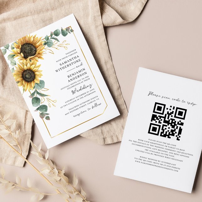 Blütenblume Eukalyptus QR Code Hochzeit Einladung (Floral Sunflower Eucalyptus QR Code Script All-in-One Wedding Invitation)