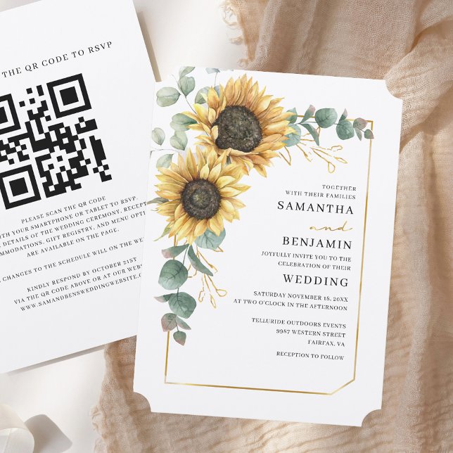 Blütenblume Eukalyptus QR Code Rustikale Hochzeit Einladung (Floral Sunflower Eucalyptus QR Code Rustic Wedding Invitation)