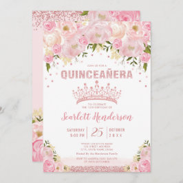 Blütenblume Rose Gold Rosa Glitzer Quinceanera Einladung