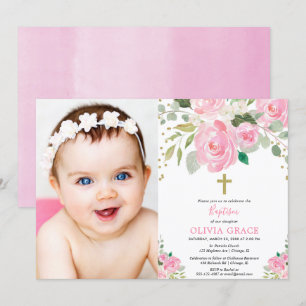 Blütenblume Taufe Rosa Foto Einladung