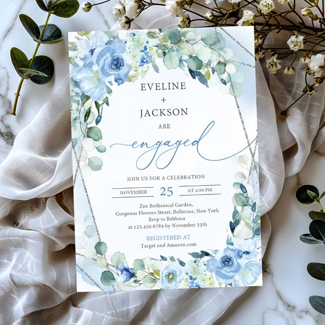 Blütenblumen silberne Salbei boho Verlobung Einladung (chic watercolor boho blue flowers eucalyptus silver frame engagement invitation)