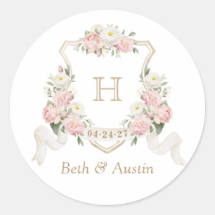 Blütenblush Rose Monogramm Wappen Umschlag Runder Aufkleber