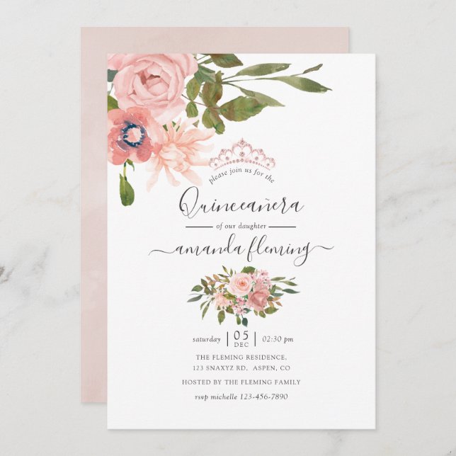 Blütenblüte und Rose Gold Quinceñera Einladung (Vorne/Hinten)