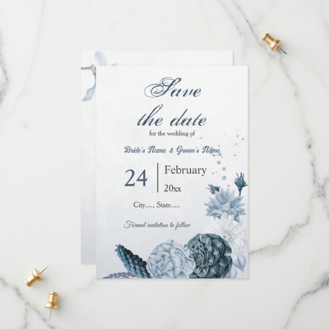 Blütenblüten der Marine botanische Hochzeit Save The Date (Vorderseite/Rückseite Beispiel)