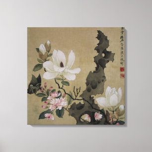 Blütenblüten und Schmetterling Vintage chinesische Leinwanddruck