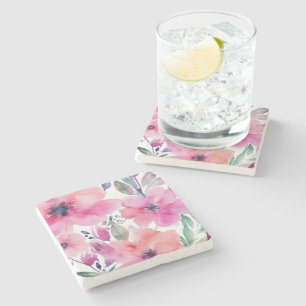 Blütenblüten Wasserfarbe Rosa Blumen Gemalt Steinuntersetzer