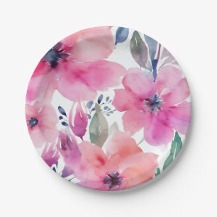 Blütenblüten   Wasserfarben Rosa Blumen Gemalt Pappteller