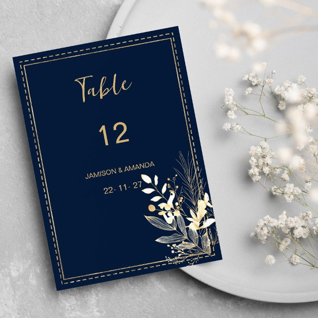 Blütenblütenblütenblütenblütenblütenblütenblütenbl Einladung (Simple chic navy blue gold floral Table Numbers )