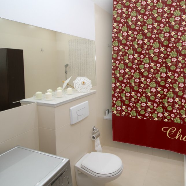 Blütenbordeauxrot, gelb, eleganter Name Duschvorhang (Von Creator hochgeladen)