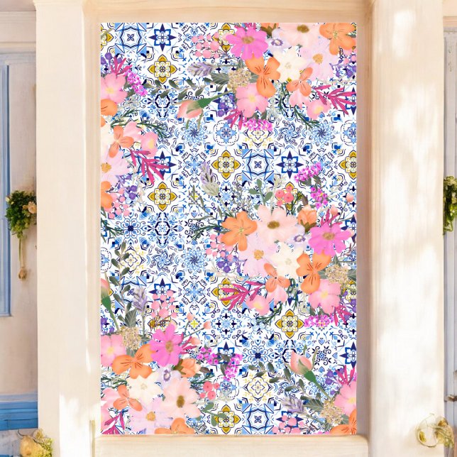 Blütenbraun-Braut mit blauen Kacheln Poster (Italian blue tile watercolor floral bridal poster)