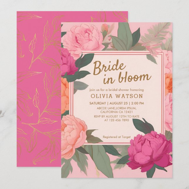 Blütenbraun in Rosa und goldfarbenem Brautparty Einladung (Vorne/Hinten)