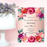 Blütenbraun-Rose Postkarte<br><div class="desc">Eine elegante Einladungskarte für eine 50. Geburtstagsparty (oder jedes Alter). Mit zeitgenössischem Rosa, lila und in Rose goldfarbenen Blume, Blumen als Dekoration. Eine schicke Rose goldener Farbverlauf Hintergrund. Der Name wird mit einem schwarzen handgeschriebenen Stilskript geschrieben. Zurück: Rose goldener Hintergrund und klassisches Postkartendesign. Tipp: Wenn Sie es nicht so gewollt...</div>