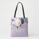 Blutende botanische lila personalisierte weiße Tas<br><div class="desc">Wasserfarbene botanische Blumen und Grünpflanzen in rot,  pfirsichfarben und lila,  mit weicher Schrift und individuelle Name auf der Rückseite,  elegant und romantisch,  große personalisierte Geschenke für neue Braut.</div>