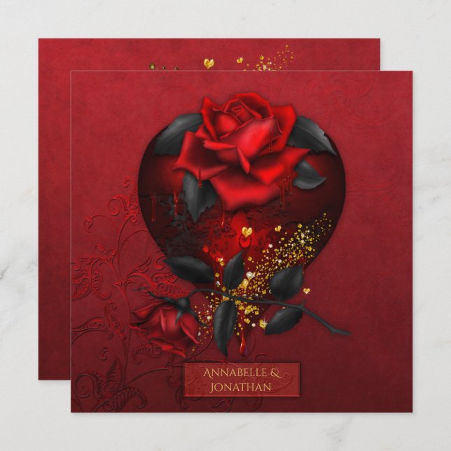 Blutende Rote Rosen Schwarze Blätter Goldhochzeit  Einladung (Vorne/Hinten)