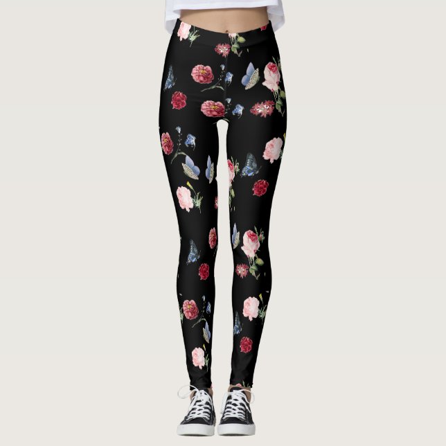 Blütendruck Schwarz/Rosa, Blütendruck und Blauer S Leggings (Vorderseite)