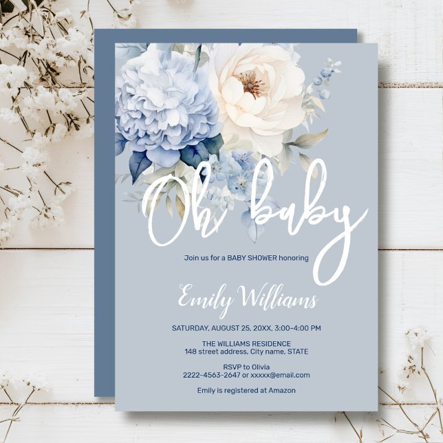 Blütendusche aus dunkelblauen und weißen Blumen Einladung (Dusty blue watercolor flowers peonies rustic gender neutral baby shower invitation )