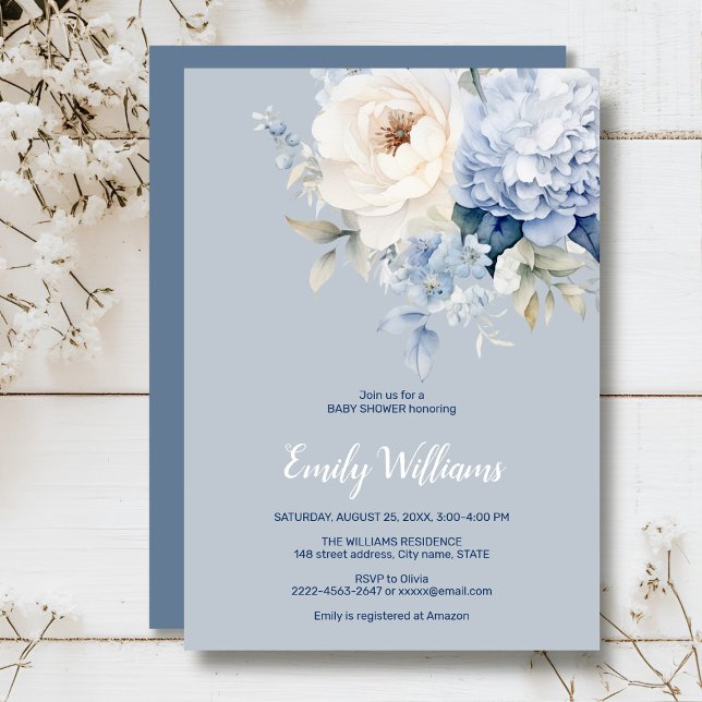 Blütendusche aus dunkelblauen und weißen Blumen Einladung (Dusty blue watercolor flowers peonies rustic gender neutral baby shower invitation )