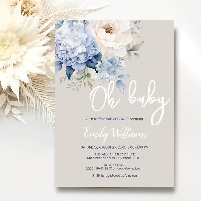 Blütendusche aus dunkelblauen und weißen Blumen Einladung (Dusty blue watercolor flowers peonies rustic gender neutral baby shower invitation )
