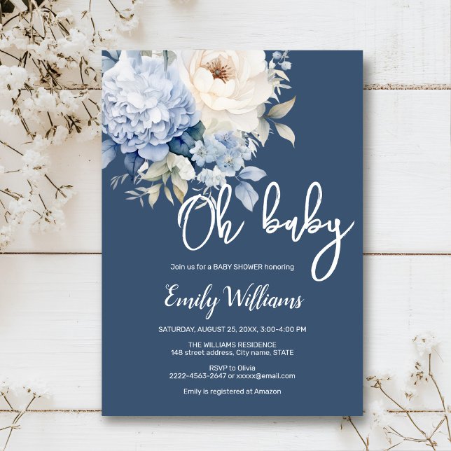 Blütendusche aus dunkelblauen und weißen Blumen Einladung (Dusty blue watercolor flowers peonies rustic gender neutral baby shower invitation )