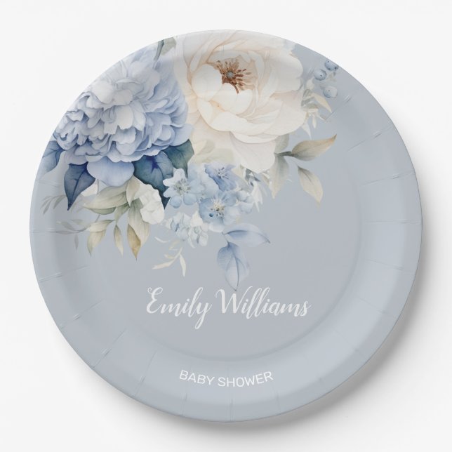 Blütendusche aus dunkelblauen und weißen Blumen Pappteller (Vorderseite)