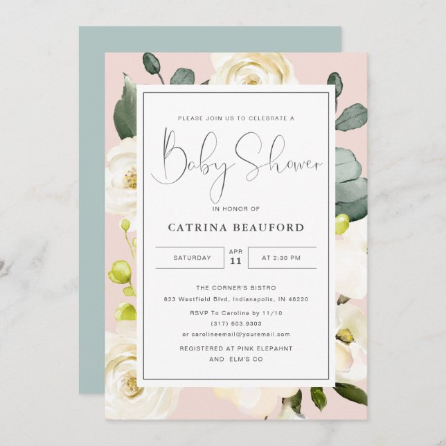 Blütendusche Wasserfarbe Rosa Blütenspülung Einladung (Vorne/Hinten)