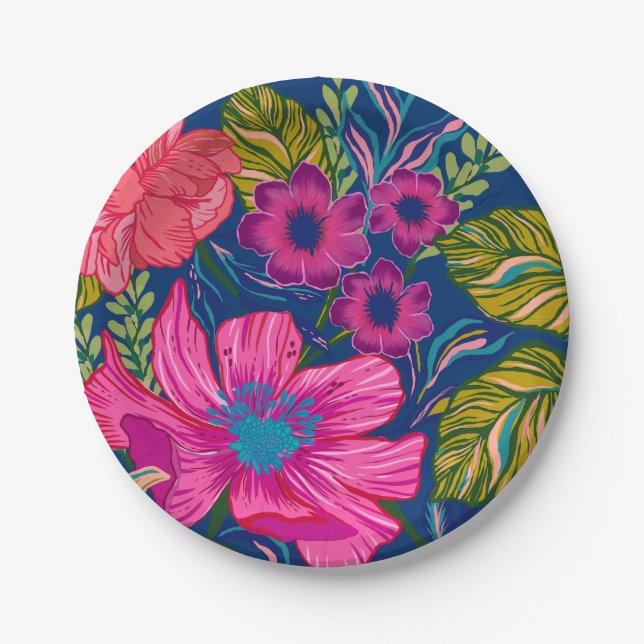 Blütenfarbenes und botanisches blaues Brautparty Pappteller (Vorderseite)