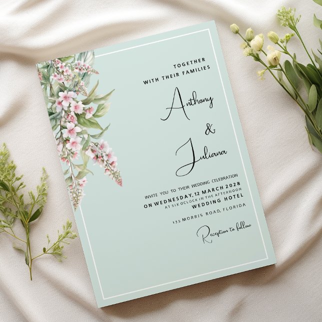 Blütenfarbenfrohe Hochzeit mit Blumenzwiebeln Einladung (Watercolor blush pink mint floral Wedding)