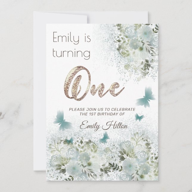 Blütengarten Butterfly zum ersten Geburtstag Einladung (Vorderseite)