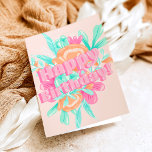Blütengebäck Geburtstag Foto Kalligraphie Karte<br><div class="desc">Ein cooler,  mädchenhaft bearbeitbarer Geburtstag in Rosa mit pastellrosa,  orangefarbener,  aquamarin pastellfarbener Blumenschrift,  eine moderne Kalligraphie mit Retro-Drehung.</div>
