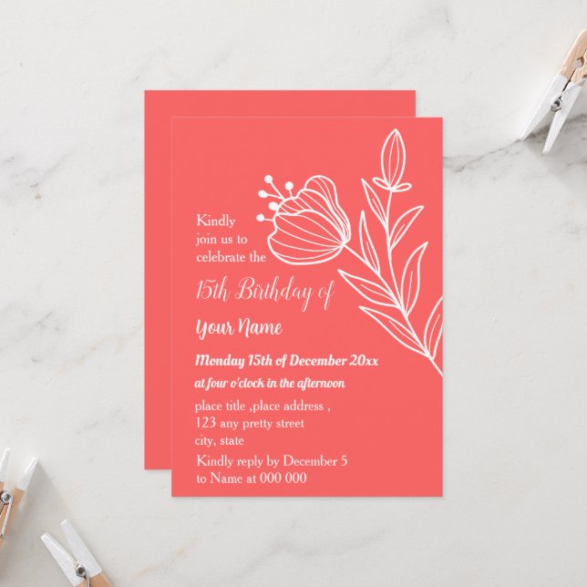 Blütengeburtstag mit einfachem Korallenrosa Einladung (Vorderseite/Rückseite Beispiel)